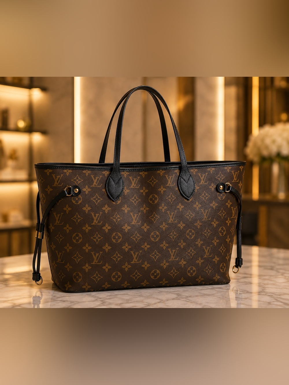 Brown Monogram Large Tote Bag with Black Handles